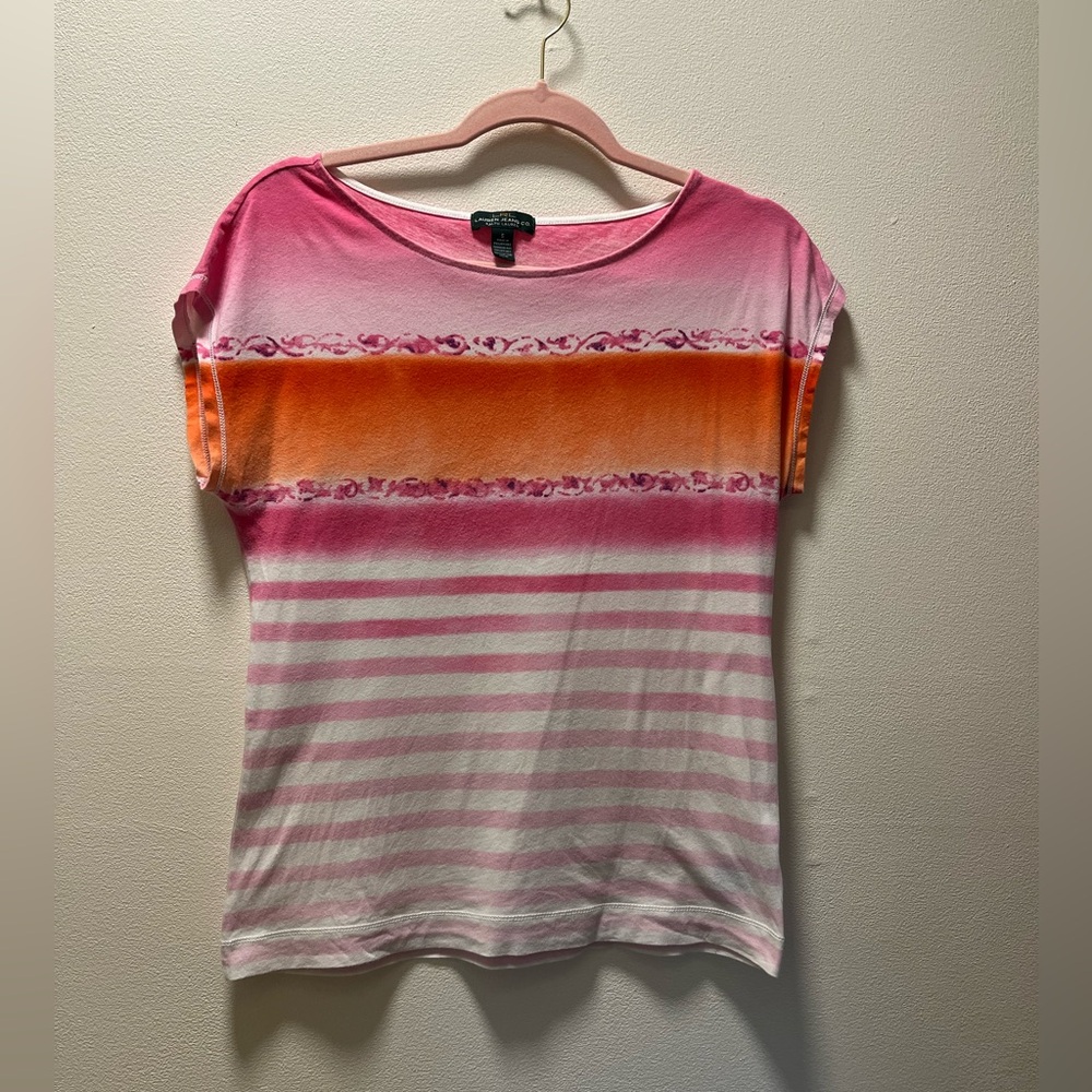 LRL Lauren Jeans Co. Casual Chic Beachy Cap Sleeve T-Shirt, Sz S, Pink & White - Picture 1 of 5